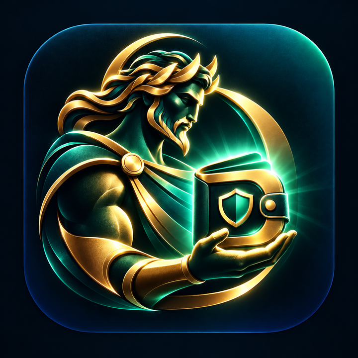 The Hesperion app icon: a gold and verdigris figure holding a glowing wallet marked with a shield.